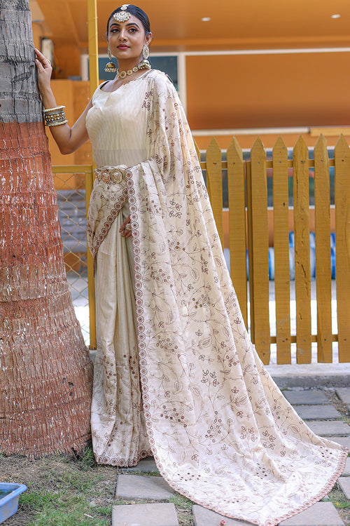 Load image into Gallery viewer, Trendy Beige Embroidery Work Soft Silk Saree With Sophisticated Blouse Piece
