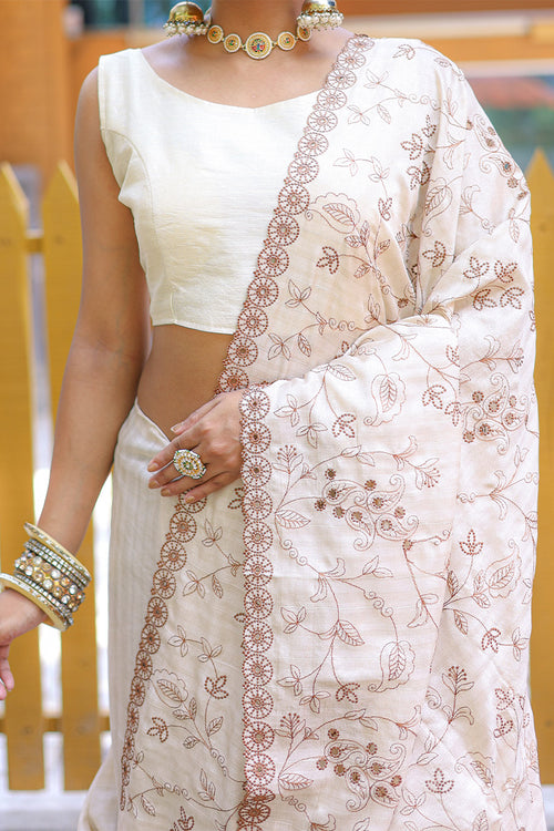 Load image into Gallery viewer, Trendy Beige Embroidery Work Soft Silk Saree With Sophisticated Blouse Piece
