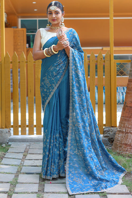 Load image into Gallery viewer, Marvellous Firozi Embroidery Work Soft Silk Saree With Classy Blouse Piece

