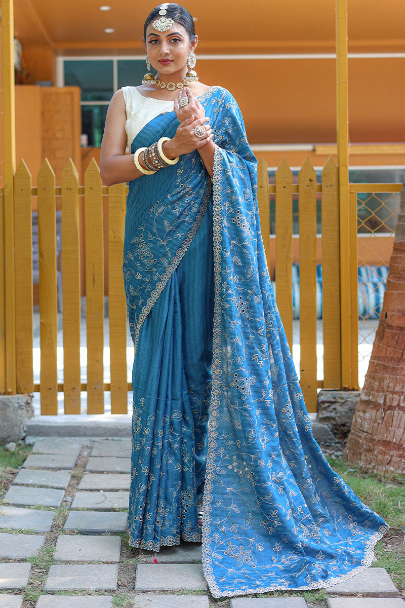 Marvellous Firozi Embroidery Work Soft Silk Saree With Classy Blouse Piece