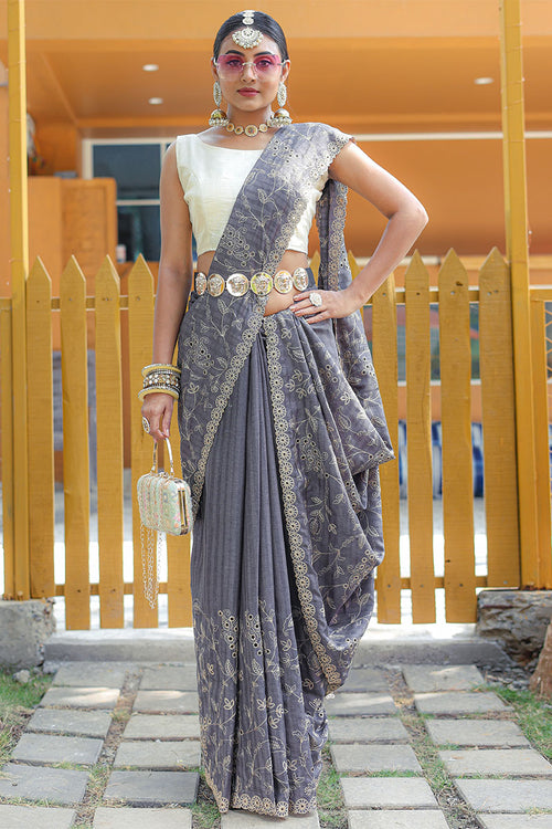 Load image into Gallery viewer, Attractive Grey Embroidery Work Soft Silk Saree With Dazzling Blouse Piece
