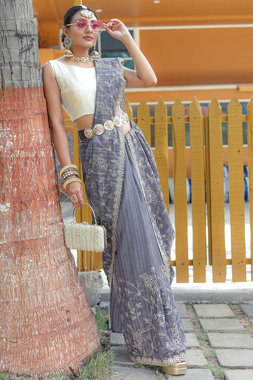 Load image into Gallery viewer, Attractive Grey Embroidery Work Soft Silk Saree With Dazzling Blouse Piece
