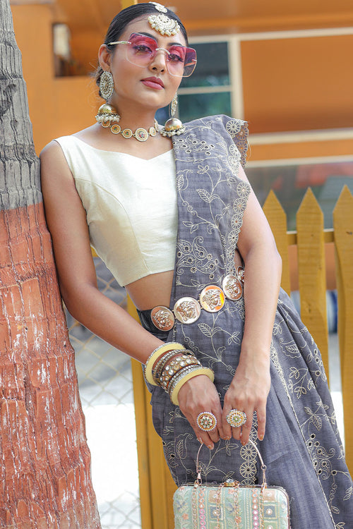 Load image into Gallery viewer, Attractive Grey Embroidery Work Soft Silk Saree With Dazzling Blouse Piece
