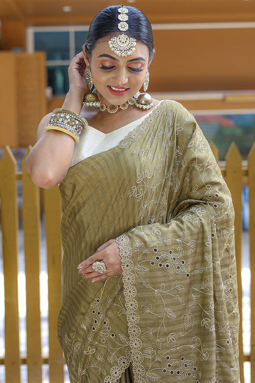 Load image into Gallery viewer, Blooming Mehandi Embroidery Work Soft Silk Saree With Captivating Blouse Piece
