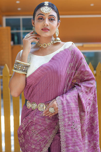 Prominent Purple Embroidery Work Soft Silk Saree With Glorious Blouse Piece