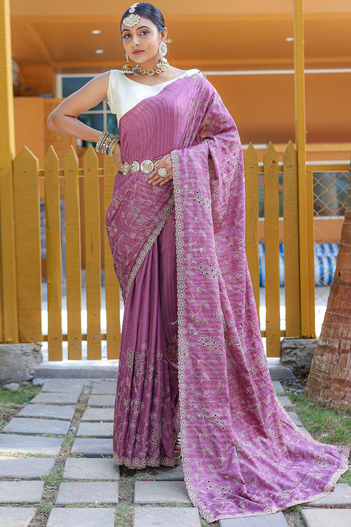 Load image into Gallery viewer, Prominent Purple Embroidery Work Soft Silk Saree With Glorious Blouse Piece
