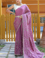Prominent Purple Embroidery Work Soft Silk Saree With Glorious Blouse Piece