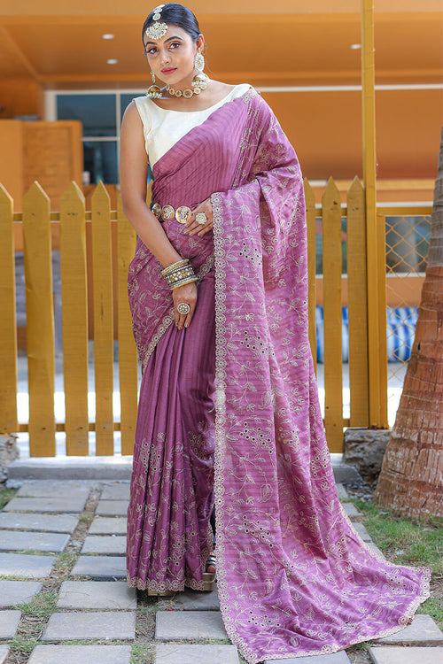 Load image into Gallery viewer, Prominent Purple Embroidery Work Soft Silk Saree With Glorious Blouse Piece
