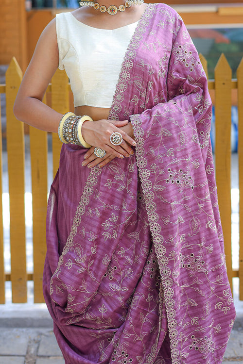 Load image into Gallery viewer, Prominent Purple Embroidery Work Soft Silk Saree With Glorious Blouse Piece
