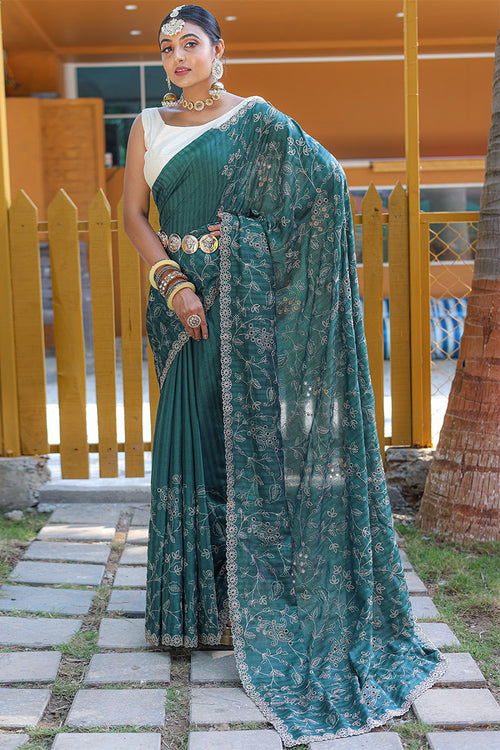 Load image into Gallery viewer, Beauteous Rama Embroidery Work Soft Silk Saree With Ideal Blouse Piece
