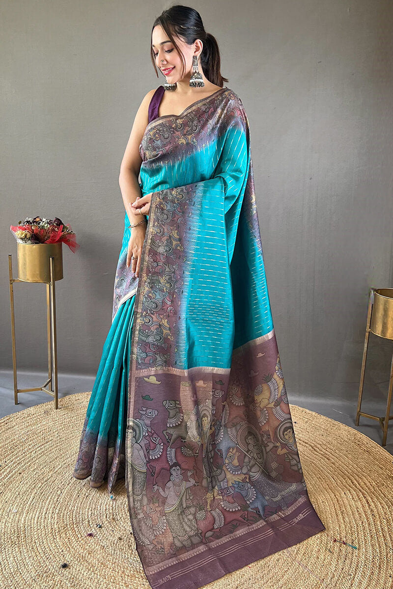 Designer Firozi Digital Printed Saree With Prominent Blouse Piece