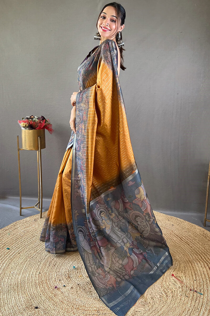 Surreptitious Mustard Digital Printed Saree With Pleasurable Blouse Piece