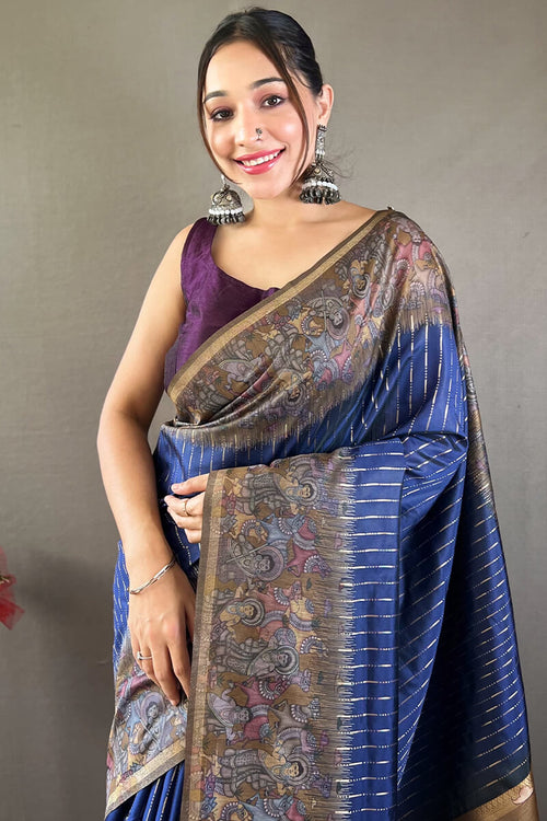 Load image into Gallery viewer, Vivacious Navy Blue Digital Printed Saree With Rhapsody Blouse Piece
