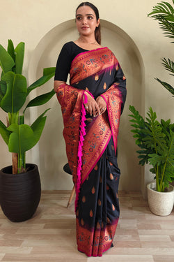 Symmetrical Black Soft Banarasi Silk Saree With Verdant Blouse Piece
