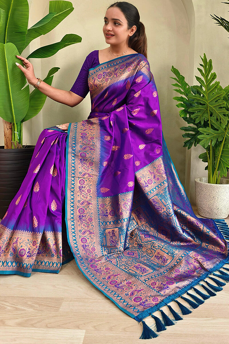 Adoring Purple Soft Banarasi Silk Saree With Posh Blouse Piece