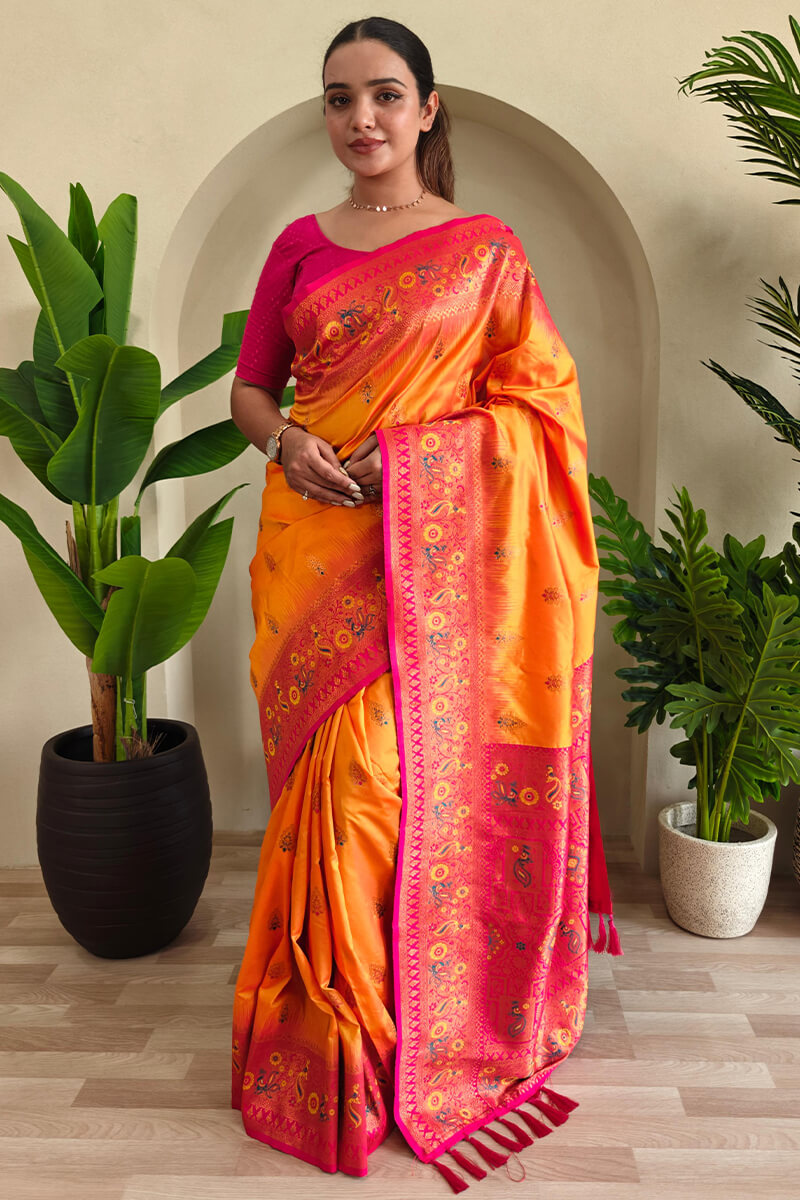 Pleasant Yellow Soft Banarasi Silk Saree With Forbearance Blouse Piece