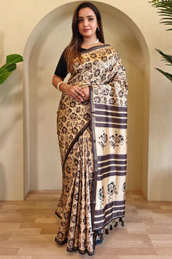 Ailurophile Beige Viscose Dola Silk Printed Saree With Wonderful Blouse Piece