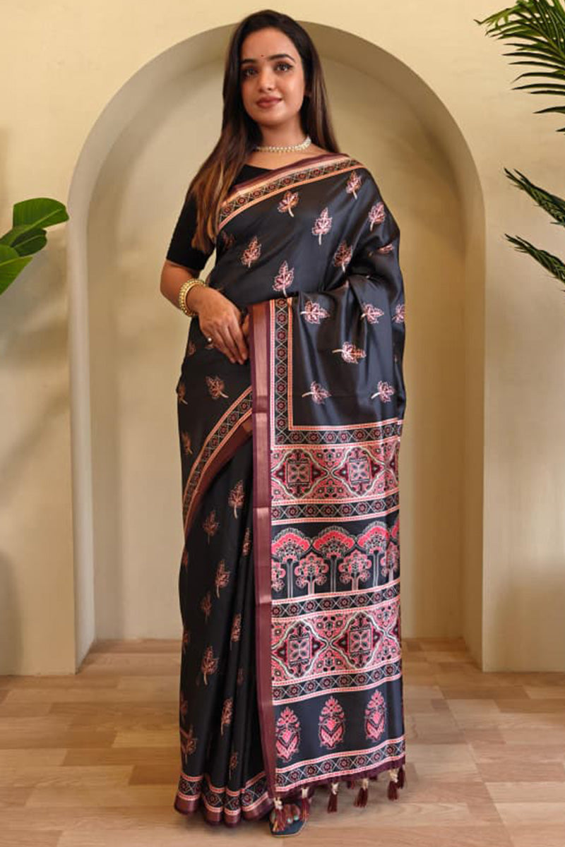 Flameboyant Black Viscose Dola Silk Printed Saree With Jubilant Blouse Piece