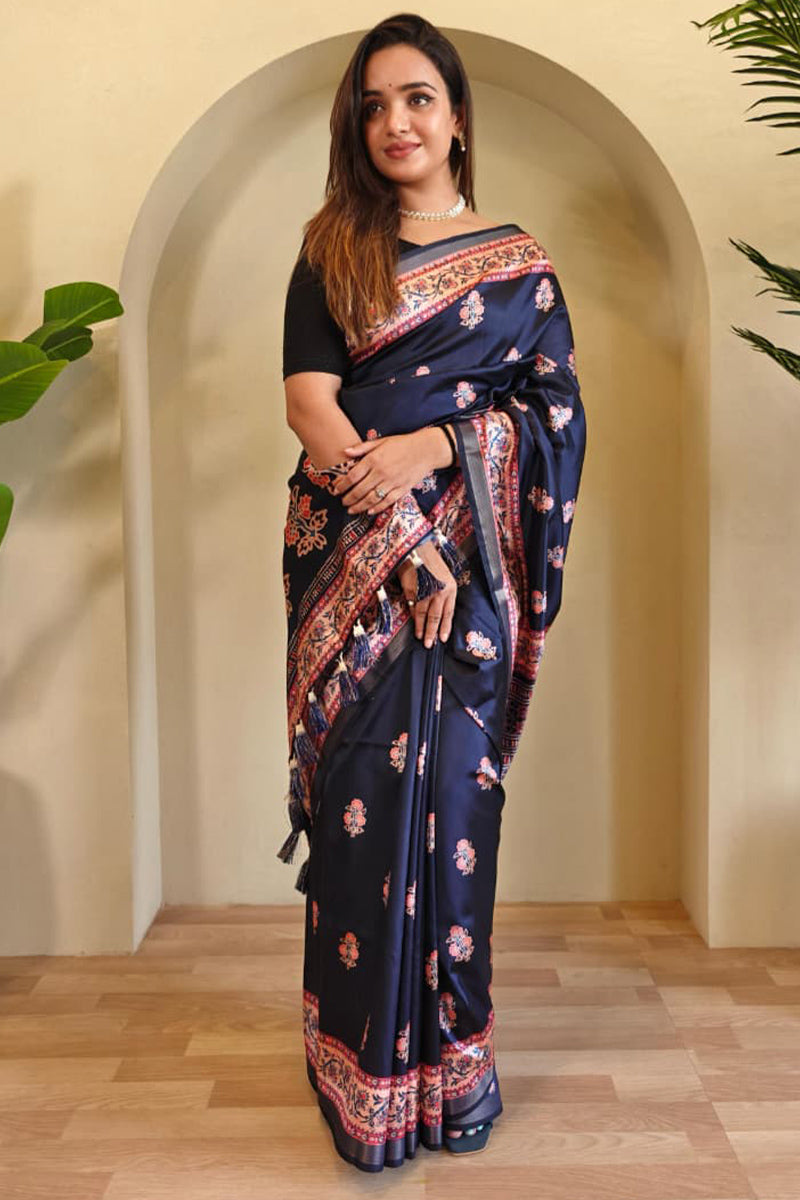 Sempiternal Navy Blue Viscose Dola Silk Printed Saree With Fantabulous Blouse Piece