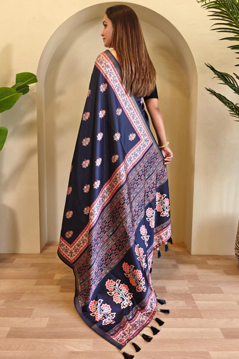 Sempiternal Navy Blue Viscose Dola Silk Printed Saree With Fantabulous Blouse Piece
