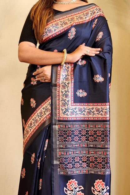 Sempiternal Navy Blue Viscose Dola Silk Printed Saree With Fantabulous Blouse Piece