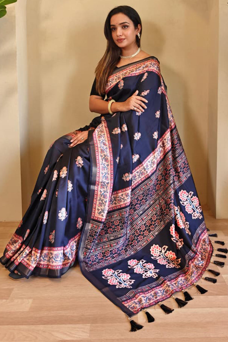 Sempiternal Navy Blue Viscose Dola Silk Printed Saree With Fantabulous Blouse Piece