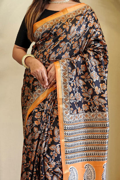 Gratifying Orange and Black Viscose Dola Silk Printed Saree With Glittering Blouse Piece