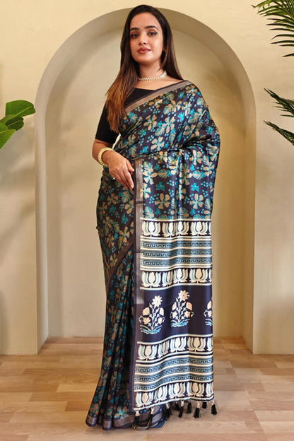 Exquisite Rama Viscose Dola Silk Printed Saree With Traditional Blouse Piece