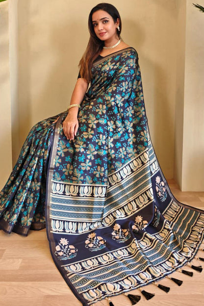 Exquisite Rama Viscose Dola Silk Printed Saree With Traditional Blouse Piece