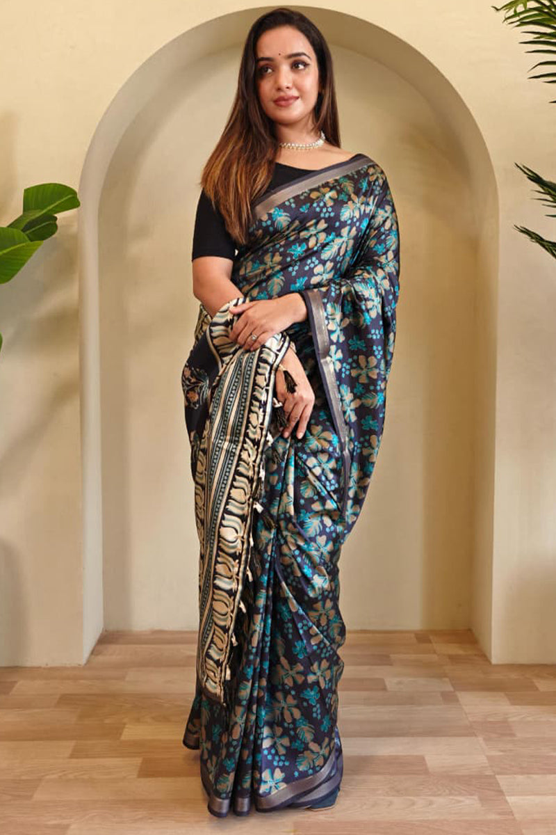 Exquisite Rama Viscose Dola Silk Printed Saree With Traditional Blouse Piece