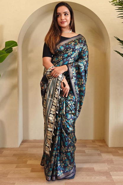 Exquisite Rama Viscose Dola Silk Printed Saree With Traditional Blouse Piece