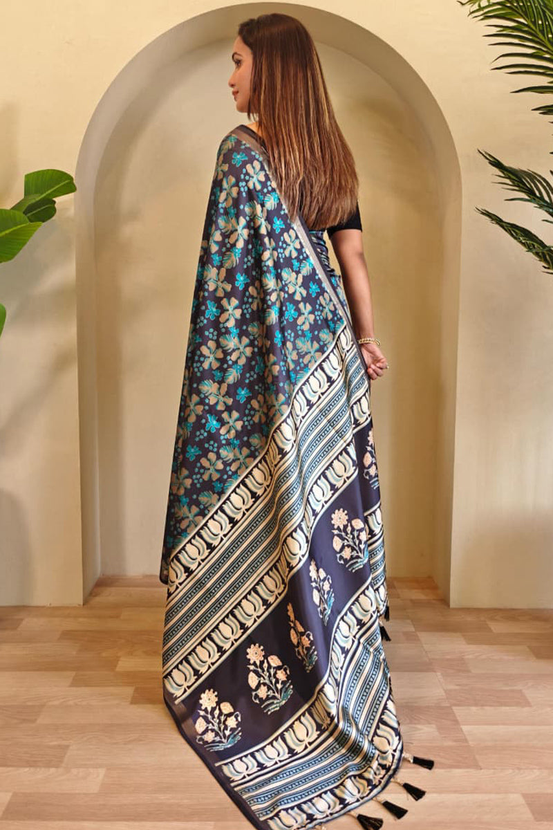Exquisite Rama Viscose Dola Silk Printed Saree With Traditional Blouse Piece