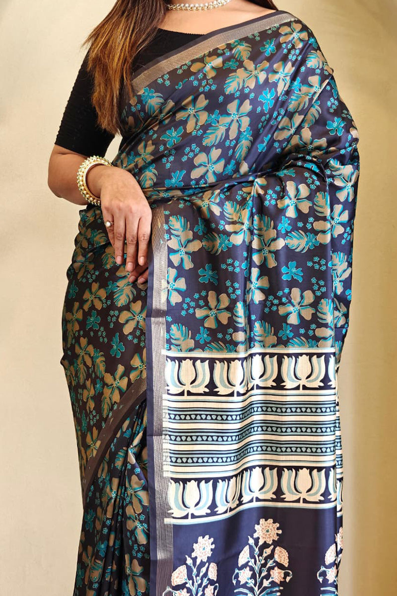 Exquisite Rama Viscose Dola Silk Printed Saree With Traditional Blouse Piece