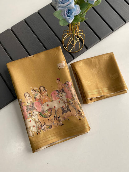 Smart Mustard Printed Dola Silk Saree With Adorning Blouse Piece