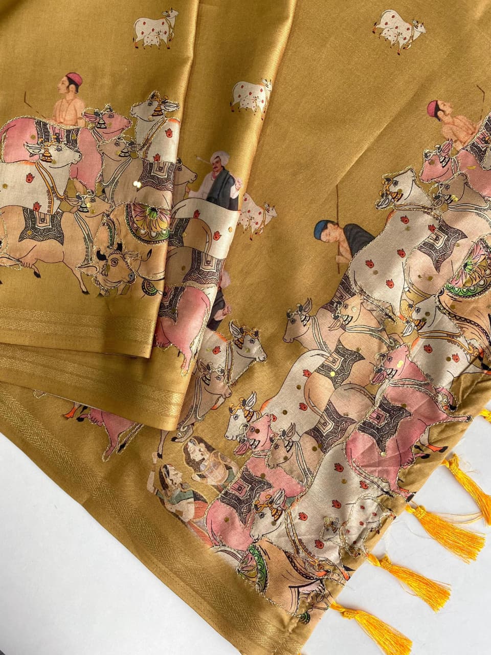 Smart Mustard Printed Dola Silk Saree With Adorning Blouse Piece