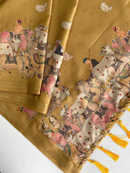Smart Mustard Printed Dola Silk Saree With Adorning Blouse Piece