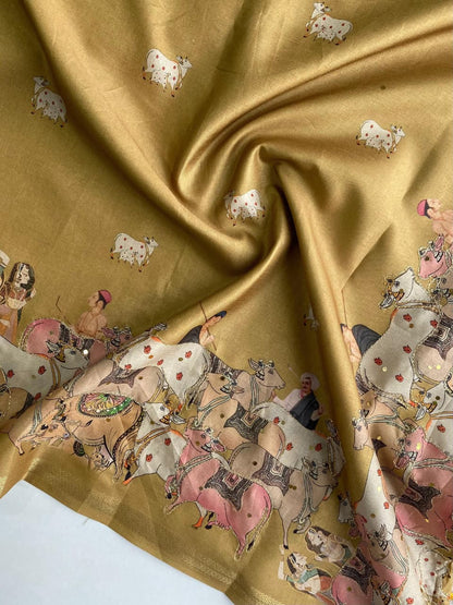 Smart Mustard Printed Dola Silk Saree With Adorning Blouse Piece