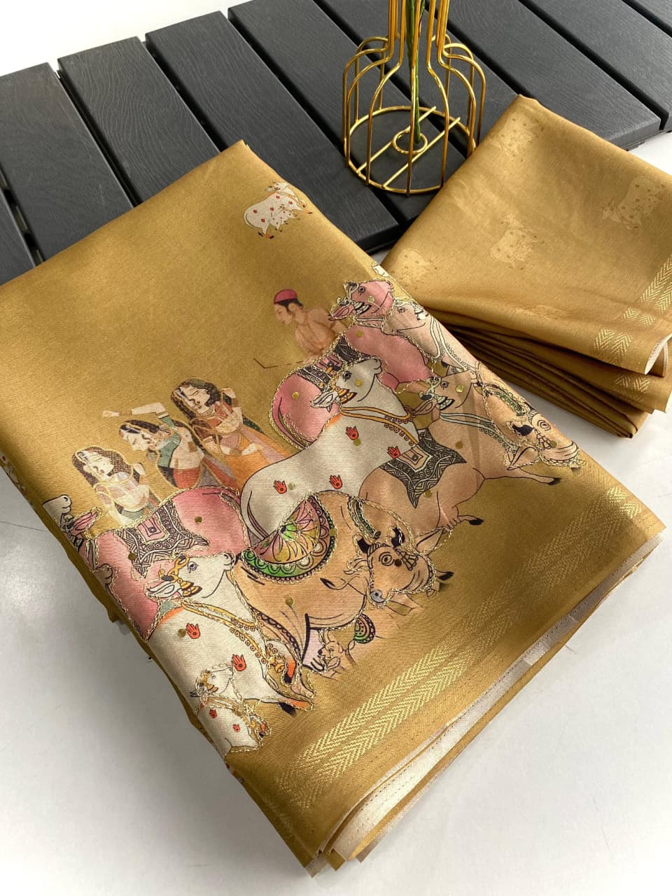Smart Mustard Printed Dola Silk Saree With Adorning Blouse Piece