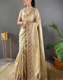 Snazzy Beige Embroidery Work Soft Silk Saree With Improbable Blouse Piece