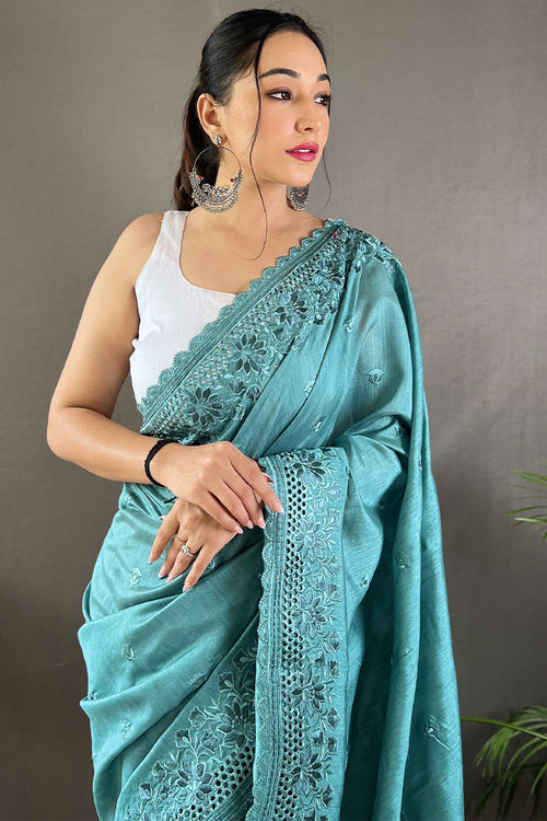 Load image into Gallery viewer, Engaging Firozi Embroidery Work Soft Silk Saree With Luxuriant Blouse Piece
