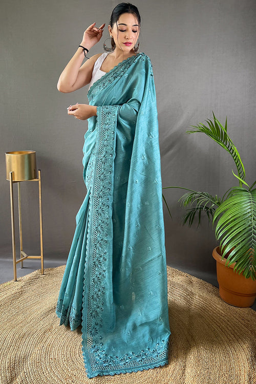 Load image into Gallery viewer, Engaging Firozi Embroidery Work Soft Silk Saree With Luxuriant Blouse Piece
