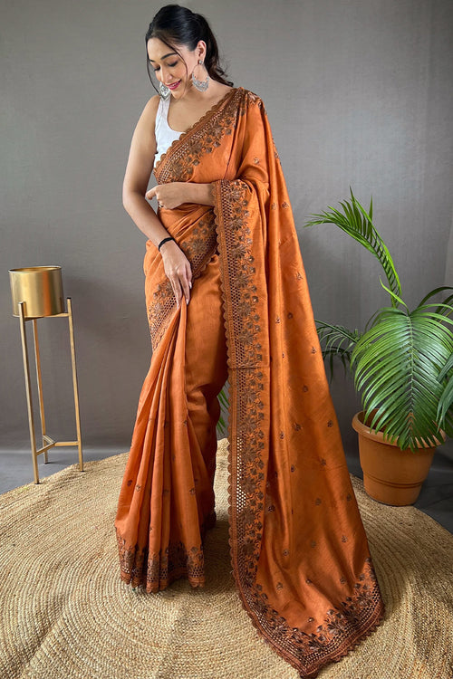 Load image into Gallery viewer, Panoply Orange Embroidery Work Soft Silk Saree With Forbearance Blouse Piece
