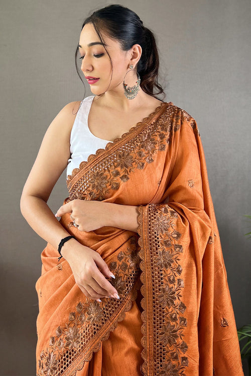 Load image into Gallery viewer, Panoply Orange Embroidery Work Soft Silk Saree With Forbearance Blouse Piece
