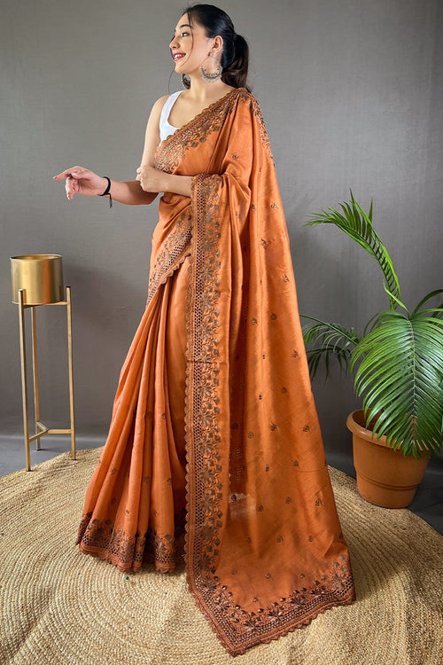 Load image into Gallery viewer, Panoply Orange Embroidery Work Soft Silk Saree With Forbearance Blouse Piece
