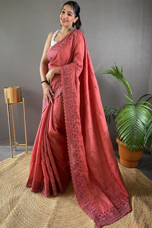 Load image into Gallery viewer, Ebullience Red Embroidery Work Soft Silk Saree With Brood Blouse Piece
