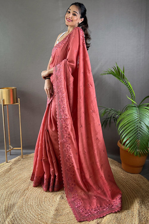 Load image into Gallery viewer, Ebullience Red Embroidery Work Soft Silk Saree With Brood Blouse Piece
