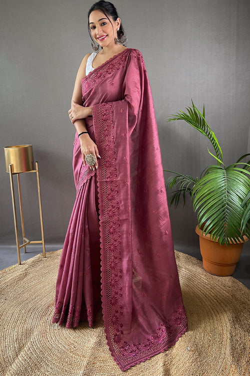 Load image into Gallery viewer, Adoring Wine Embroidery Work Soft Silk Saree With Adoring Blouse Piece
