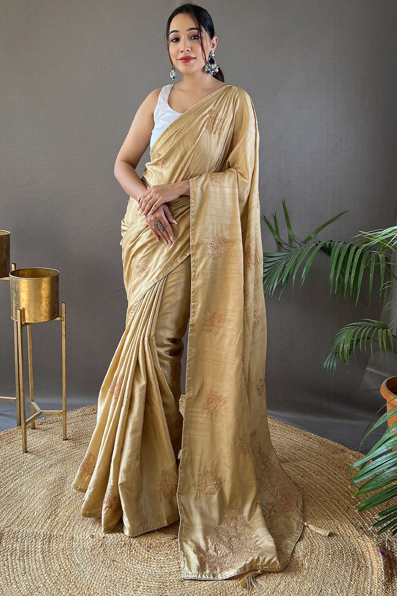 Vivacious Beige Embroidery Work Soft Silk Saree With Pulsating Blouse Piece