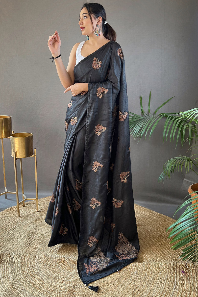 Aplomb Black Embroidery Work Soft Silk Saree With Resonant Blouse Piece