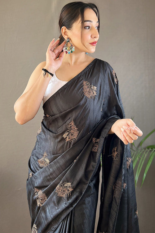 Load image into Gallery viewer, Aplomb Black Embroidery Work Soft Silk Saree With Resonant Blouse Piece
